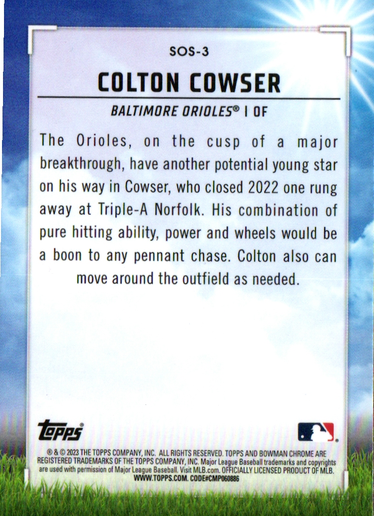 2080cards's tweet photo. @MLBPipeline @JakeDRill 2023 Bowman - Sights on September #SOS-3 - Colton Cowser #bowman23 #firstowner @MLB @Topps https://t.co/3JqWeXfwMb