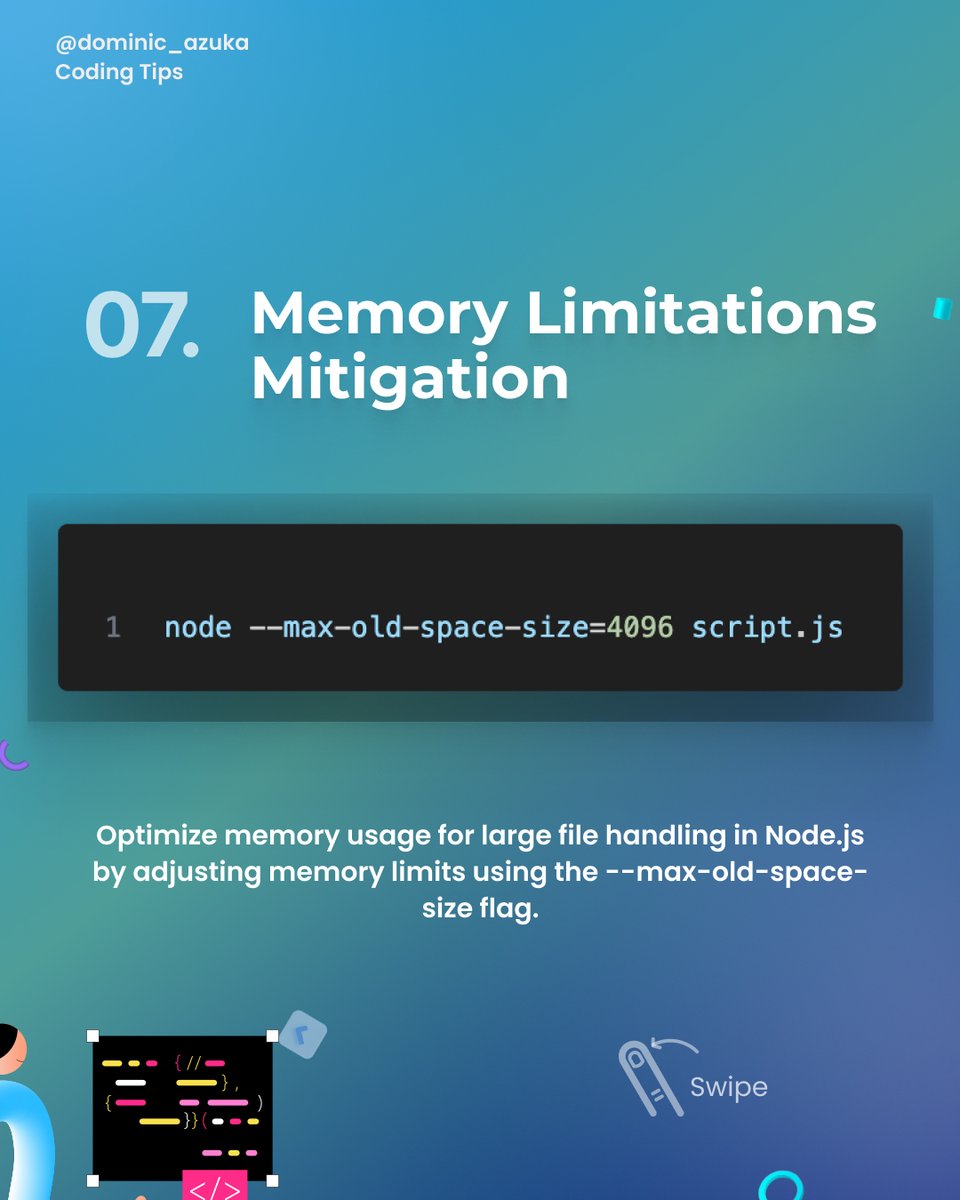 dominic_azuka's tweet image. 💡 Optimize Memory Usage: Overcoming Limitations Maximize memory usage in Node.js! Explore techniques to adjust memory limits and handle large files with ease. Optimize your file handling capabilities. #NodeJS #MemoryOptimization #LargeFiles