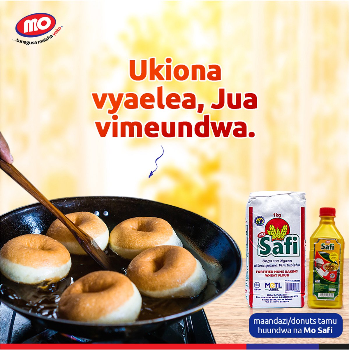 MeTL_Group's tweet photo. Tumia Mo Safi kwa maandazi/donut tamu kila wakati. Jikoni mwako, ubora unamaanisha Mo Safi 😉

#Mo #MeTL #UngaWaNgano #MoSafi #MoTunagusaMaishaYako https://t.co/sCBGWMeUIZ