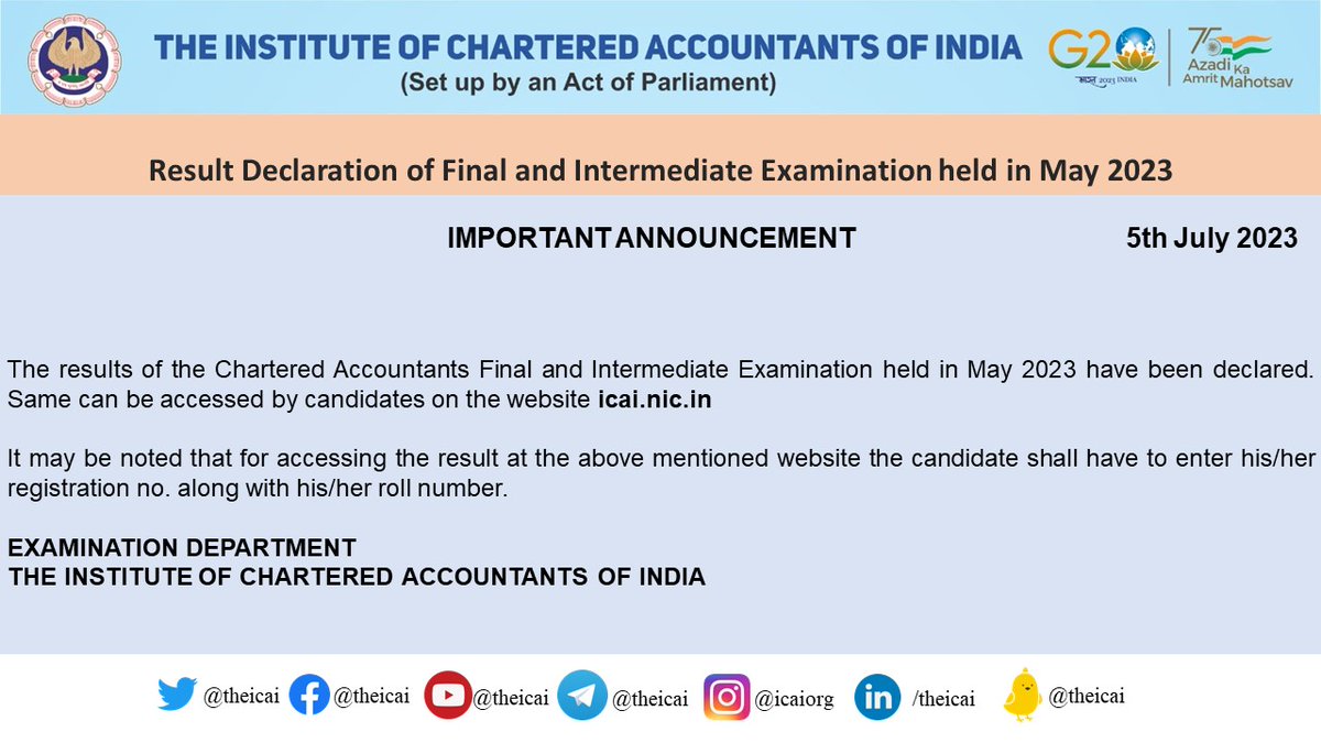 theicai's tweet photo. Important Announcement-The results of the Chartered Accountants Final &amp; Intermediate Examination held in May 2023 have been declared.  The Results can be accessed by candidates on the website https://t.co/HS8oDSAIXn  
#ICAIResults #ICAIat75 https://t.co/P0RQj8kulH
