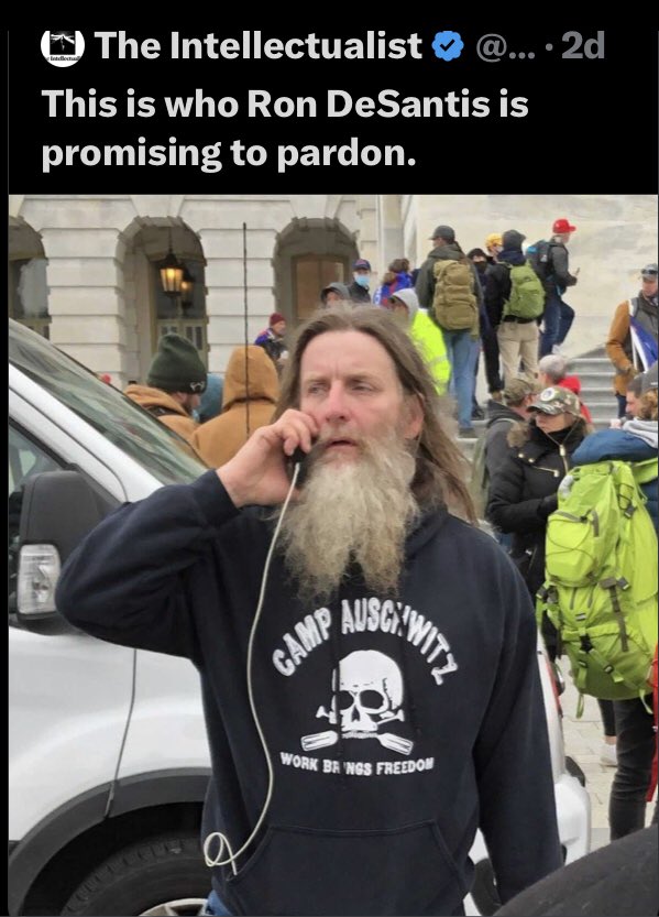 <a href="/highbrow_nobrow/">The Intellectualist</a> <a href="/IDidndoThat/">BeGreenorBeGone</a> Meanwhile DeSantis promises to PARDON this guy. Nice shirt!😏
