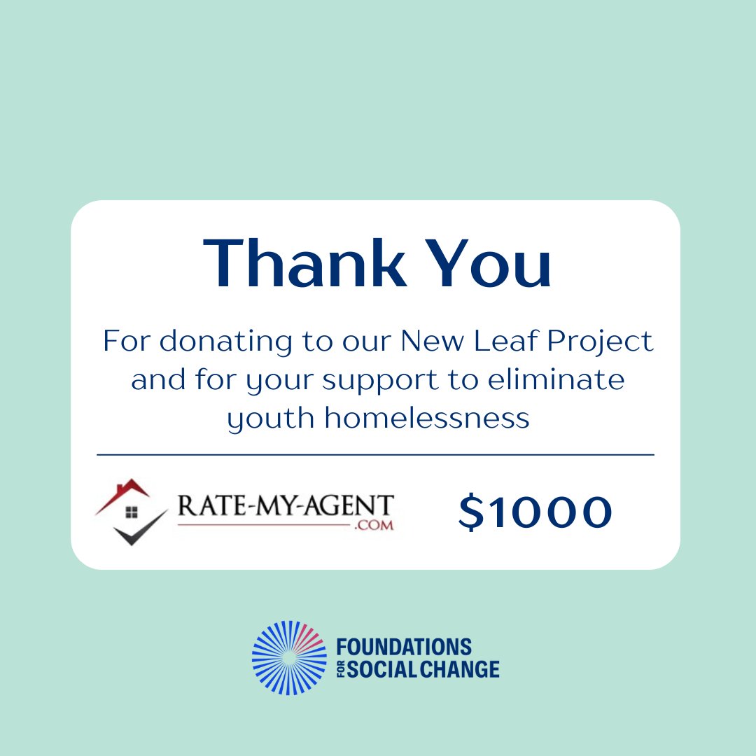 We’d like to thank Rate-My-Agent.com, who has graciously donated $1000 to our New Leaf Project!