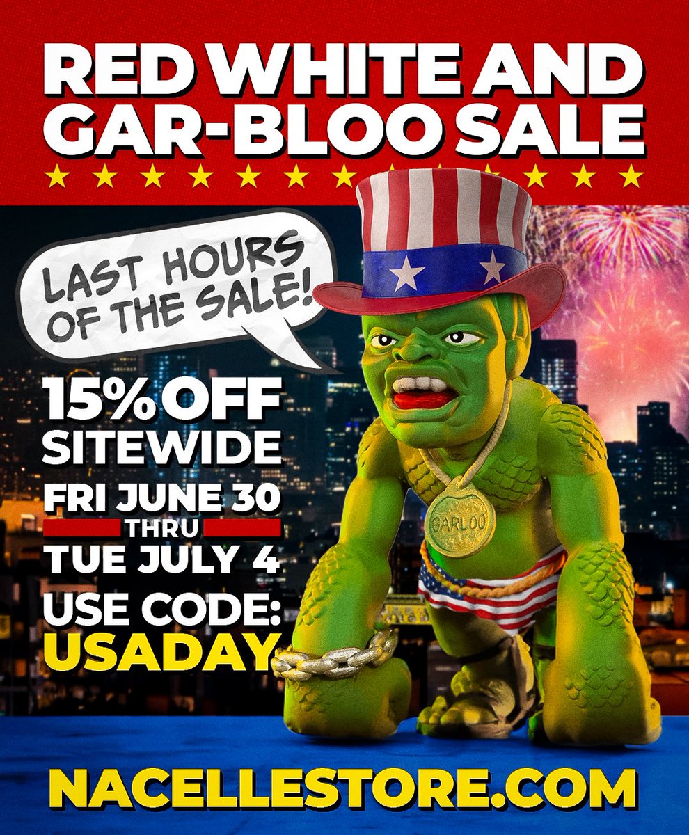 nacellecompany's tweet photo. It’s the LAST HOURS of our Red, White and Gar-Bloo sale! Take 15% off SITEWIDE with code: USADAY until tonight (July 4) at 11:59pm pst.
#thetoysthatmadeus #roboforce #bikermicefrommars #sectaurs #greatgarloo #salesalesale #4thofjuly #4thofjulysale https://t.co/jDovLqQo3g
