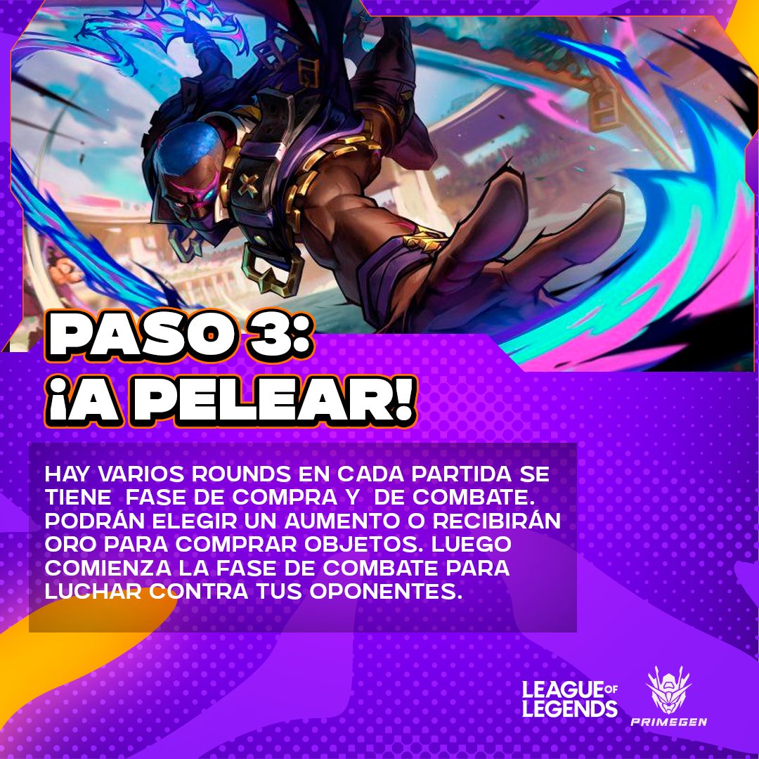 PrimeGenGG's tweet photo. Paso 3 Cada partida de Arena se divide en varias rondas, cada una con una fase de compra y una de combate. Durante la fase de compra, deberán elegir mejoras o recibir oro para comprar objetos. Se enfrentarán a su oponente en batallas 2 contra 2. Si ganan, no perderán vida. https://t.co/jEuQNPWyLe