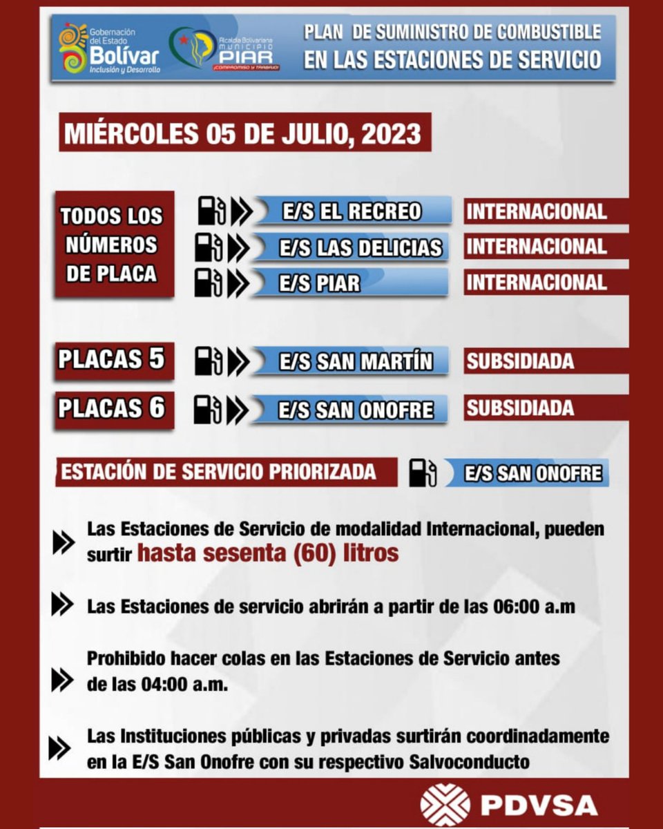HildeHDP's tweet photo. Planificación para el día miércoles 05/07 #PlanCombustibleUpata https://t.co/SxzjDeXMZ9