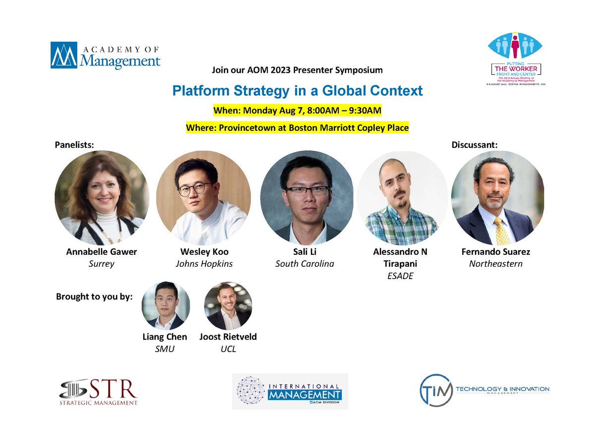 dr_liangchen's tweet photo. @gjrietveld and I are proud to present to you an incredible #AOM Symposium bringing together platform, strategy, and IB scholars under one roof. Come along and let's talk "Platform Strategy in a Global Context"! https://t.co/qNIBcBEaHk