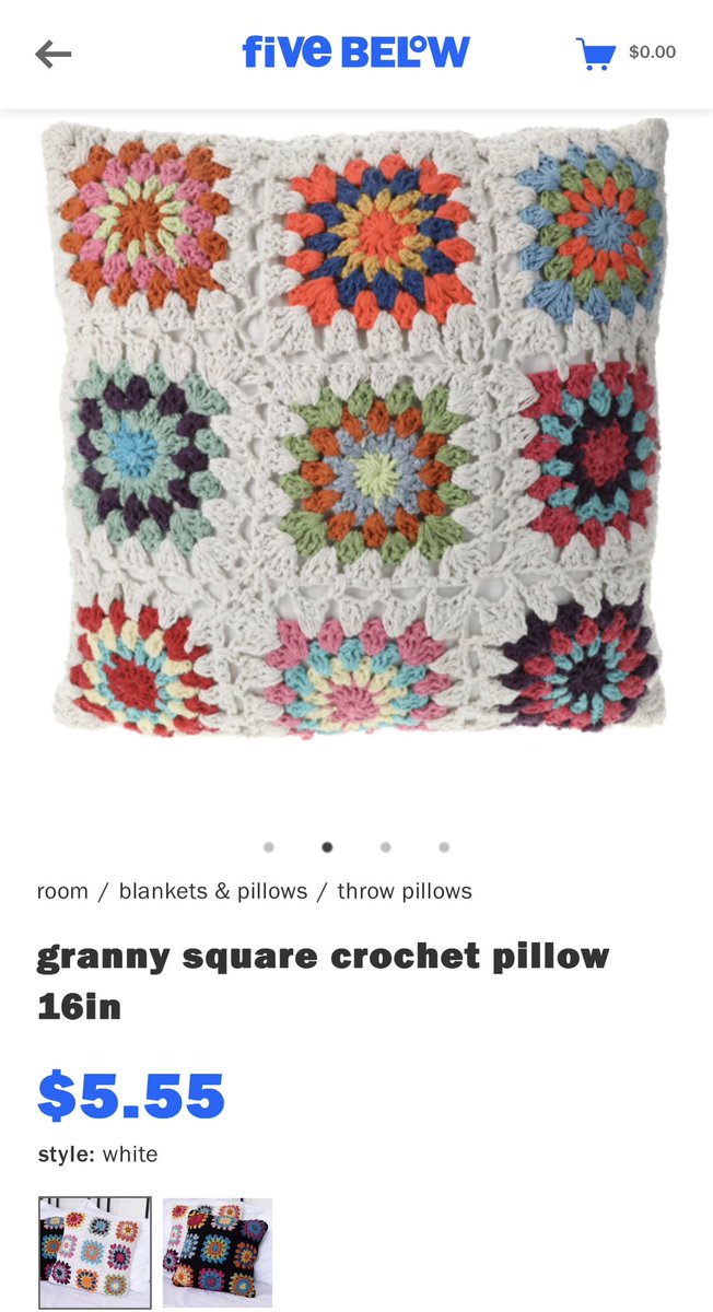 DutchessofS's tweet photo. This kinda shit from Five & Below REALLY pisses me OFF. $5.55 for a 16β granny square pillow made in China. Crochet cannot be made by a machine like knitting can. These are all handmade squares, probably by little kids or slaves not even being paid. Fuckers. π#fiveandbelow https://t.co/GcAL5Nv1Vk