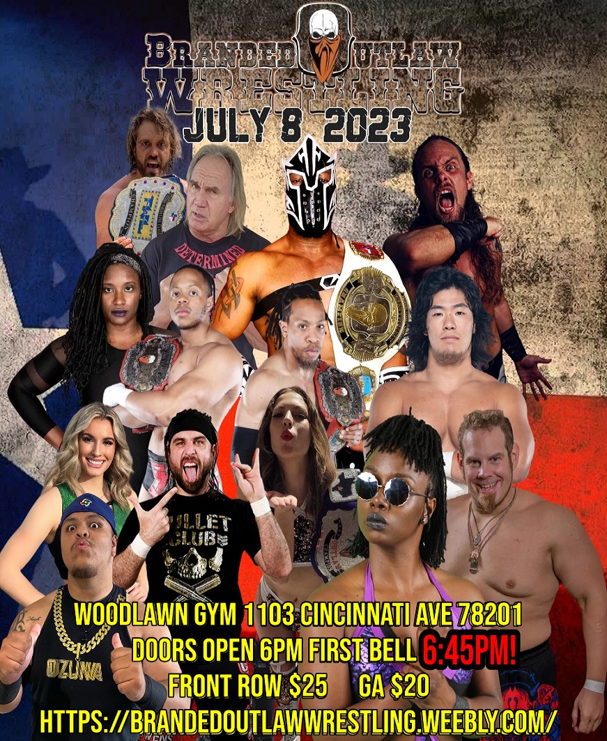 Saturday, July 8! Chase Owens, Barrett Brown, Yuya Uemura, FlyDef, City Bois, Savage King, Boss Baines, Reiza Clarke, Mark Von Erich, Mystii Marks, LadyBird Monroe, and many more! Tickets available at: brandedoutlawwrestling.weebly.com #prowrestling #brandedoutlawwrestling #indywrestling
