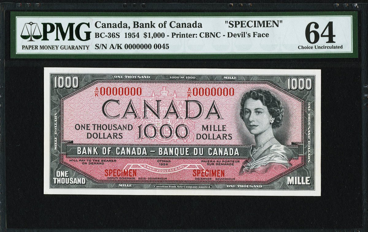 SPMC_1961's tweet photo. Society of Paper Money Collectors Presents the Note of the Day!
Canada Bank of Canada $1000 1954
BC-36S Specimen "Devil's Face"
Photos Courtesy of Heritage Auctions
#Noteoftheday #Societyofpapermoney #papermoney #History #Canada #onethousand #World #DevilsFace #Specimen #PMG https://t.co/dwVzmpjIbK