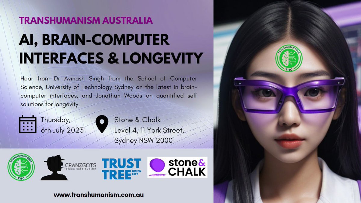 alysesue's tweet image. Our @transhumanismAU and @transhumancoin event on Thursday 🚀 Cracking agenda including the latest on #braincomputerinterfaces by @avinash_singhh and quantified self solutions for #longevity by Jonathan Woods. Register: eventbrite.com.au/e/ai-brain-com…