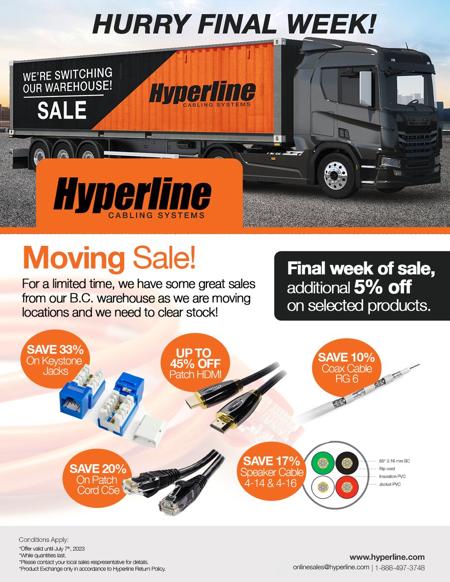 Hey partners! Our BC warehouse moving sale is still on and in it's final 3 days! Don't miss out on these great deals. Contact Hyperline Inside Sales at onlinesales@hyperline.com or 613-736-8500 for details.
#sales #cabling #cablingsolutions #cablingsystems #hyperline