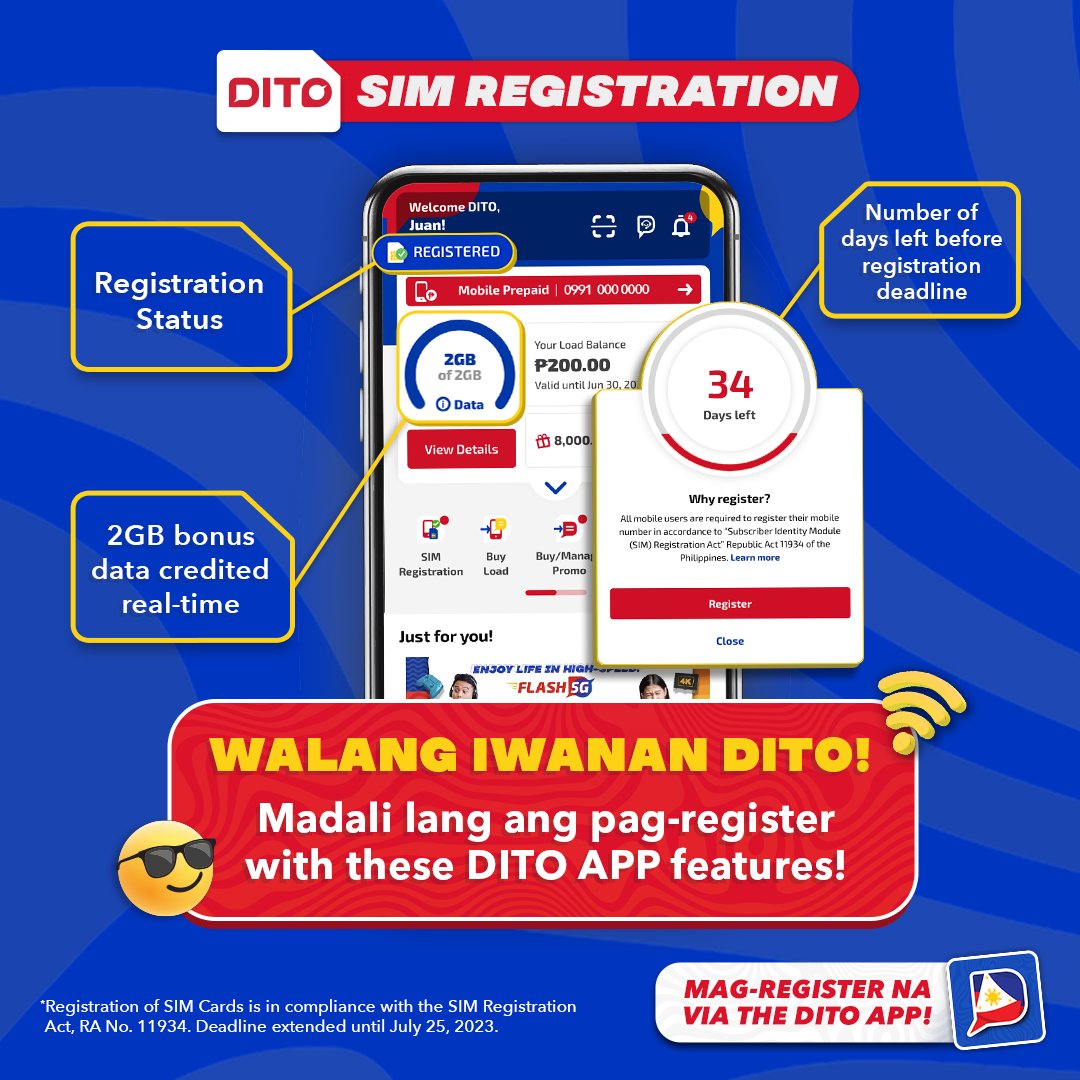 DITOphofficial's tweet photo. Madali lang mag-register ng SIM Card via the DITO APP with these app features! π·
βWag magpahuli at hayaang mawalan ng access sa SIM Card mo!
Mag-register na via the DITO APP: https://t.co/VI8Ya9FZIb
#RegisterDITO #DITOtelecommunity https://t.co/l5MXGPhhUw