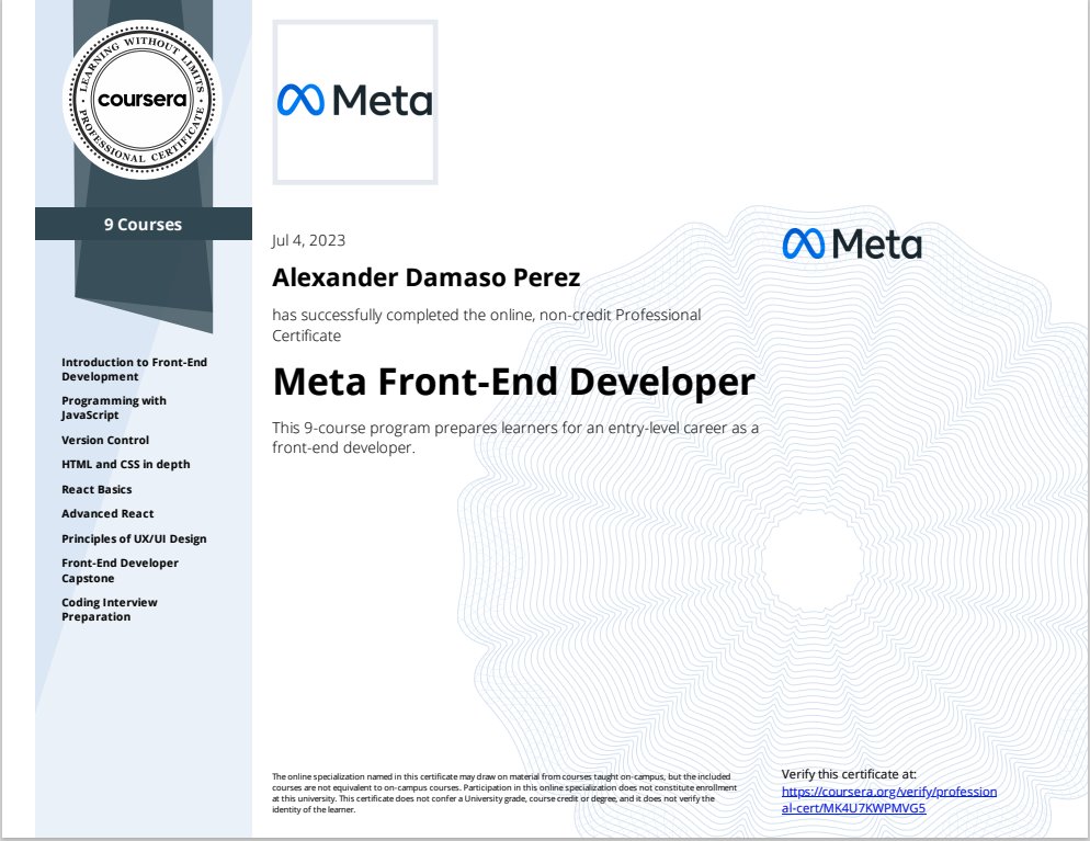 Alexander_9306's tweet photo. 🎉🎓 Excited to share my latest accomplishment! Successfully completed the Professional Certificate in Meta Front-End Developer. 🌟
#Certificate #FrontEndDeveloper #AchievementUnlocked #React #HTML #CSS

https://t.co/j831pQyOr3 https://t.co/HyWOQXahvy
