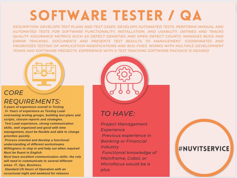 #NuvitService #softwaretester #tester #developer #testinglead #IT #business #projectmanager #Cobol #microfocus #modifications #unix #linux #QA #job #jobopportunity #hiring #mexicocity #cdmx