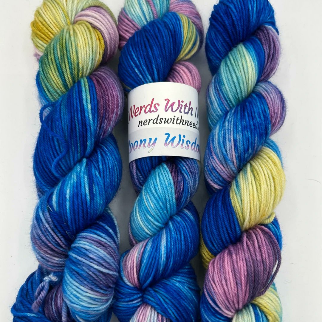 DarnYarnCA's tweet photo. Loony Wisdom is a colourful symphony of blues, purples, and lemon yellow. We've got just a few skeins left of this gorgeous creation from Nerds with Needles, so if it's calling your name, grab it fast!

https://t.co/dstTuI3CH8 https://t.co/GE8h5HJ8W8