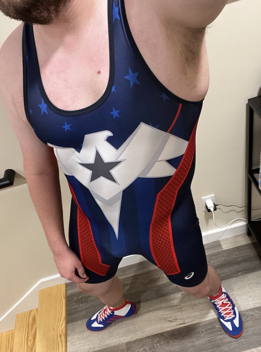 JockLoverDak's tweet photo. Happy 4th of July! 🇺🇸🎆🎇 broke out some USA singlets I haven’t worn in forever! Now who wants to wrestle? https://t.co/THBhhpwe7a