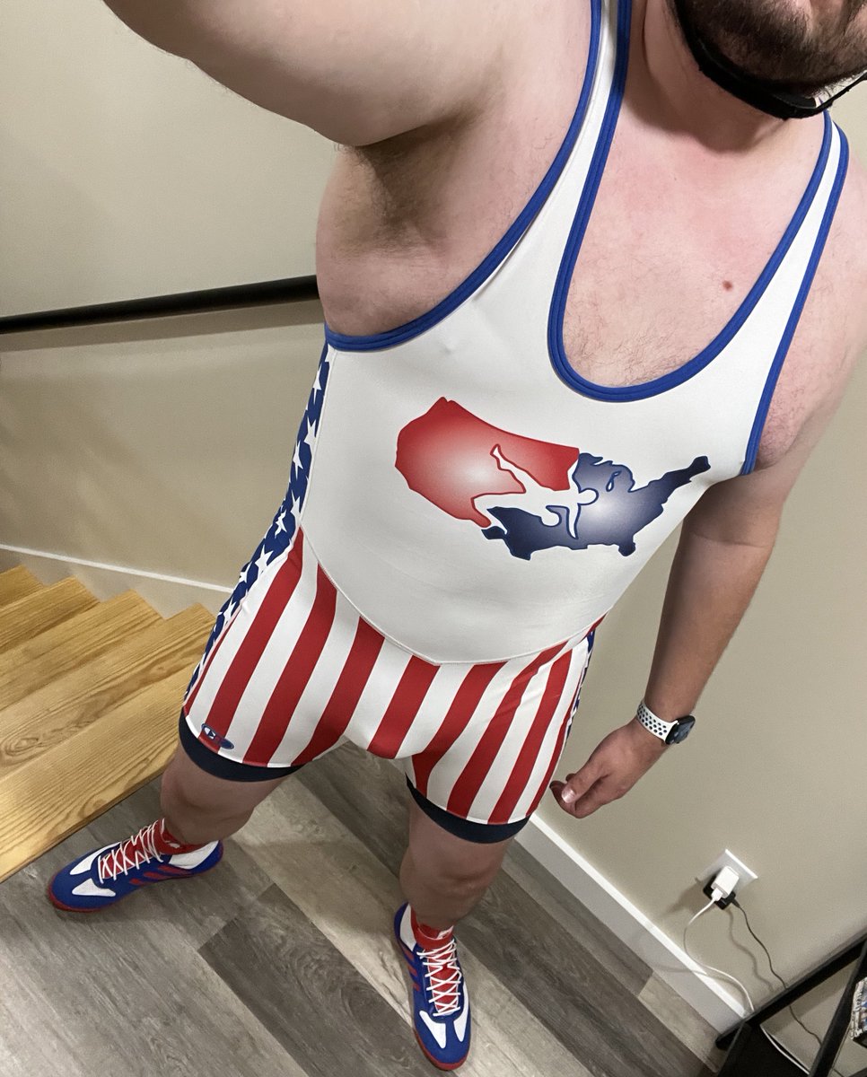 JockLoverDak's tweet photo. Happy 4th of July! 🇺🇸🎆🎇 broke out some USA singlets I haven’t worn in forever! Now who wants to wrestle? https://t.co/THBhhpwe7a