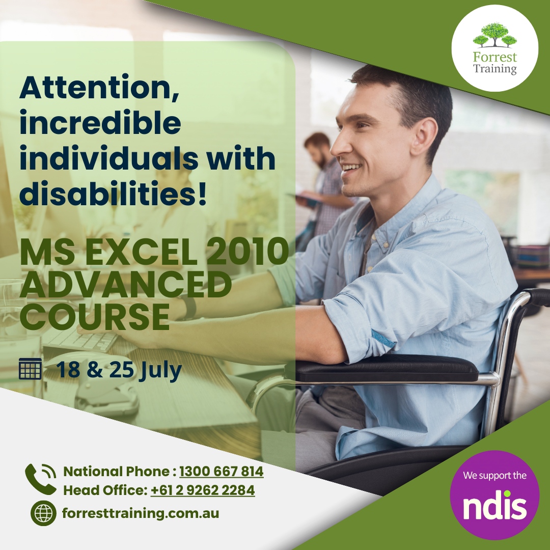Rogerd681's tweet image. Attention, incredible individuals with disabilities!

Join us on July 18th and 25th for the MS Excel 2010 Advanced Course at Forrest Training, tailored for you.

Visit forresttraining.com 

#ForrestTraining #EmpoweringAbilities
