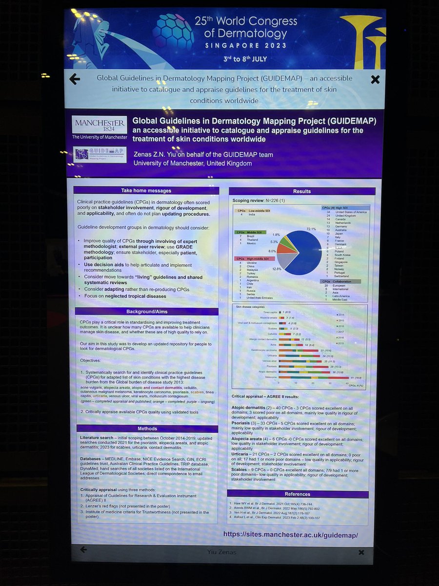 Are clinical guidelines in #dermatology trustworthy? 

Check out our e-poster in hall 602 on our work in #GUIDEMAP to find out!

We have #psoriasis #atopicdermatitis #urticaria #scabies #alopeciaareata covered.

#WCD2023 #WCD2023Singapore