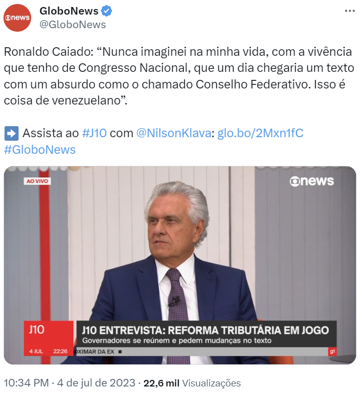 kimpaim's tweet photo. Acho que a Globo se arrependeu dessa entrevista...

Caiado acabou de descobrir que a Reforma Tributária do Dilmo e do Haddad busca implementar um totalitarismo venezuelano. https://t.co/iXkAI5RYSA