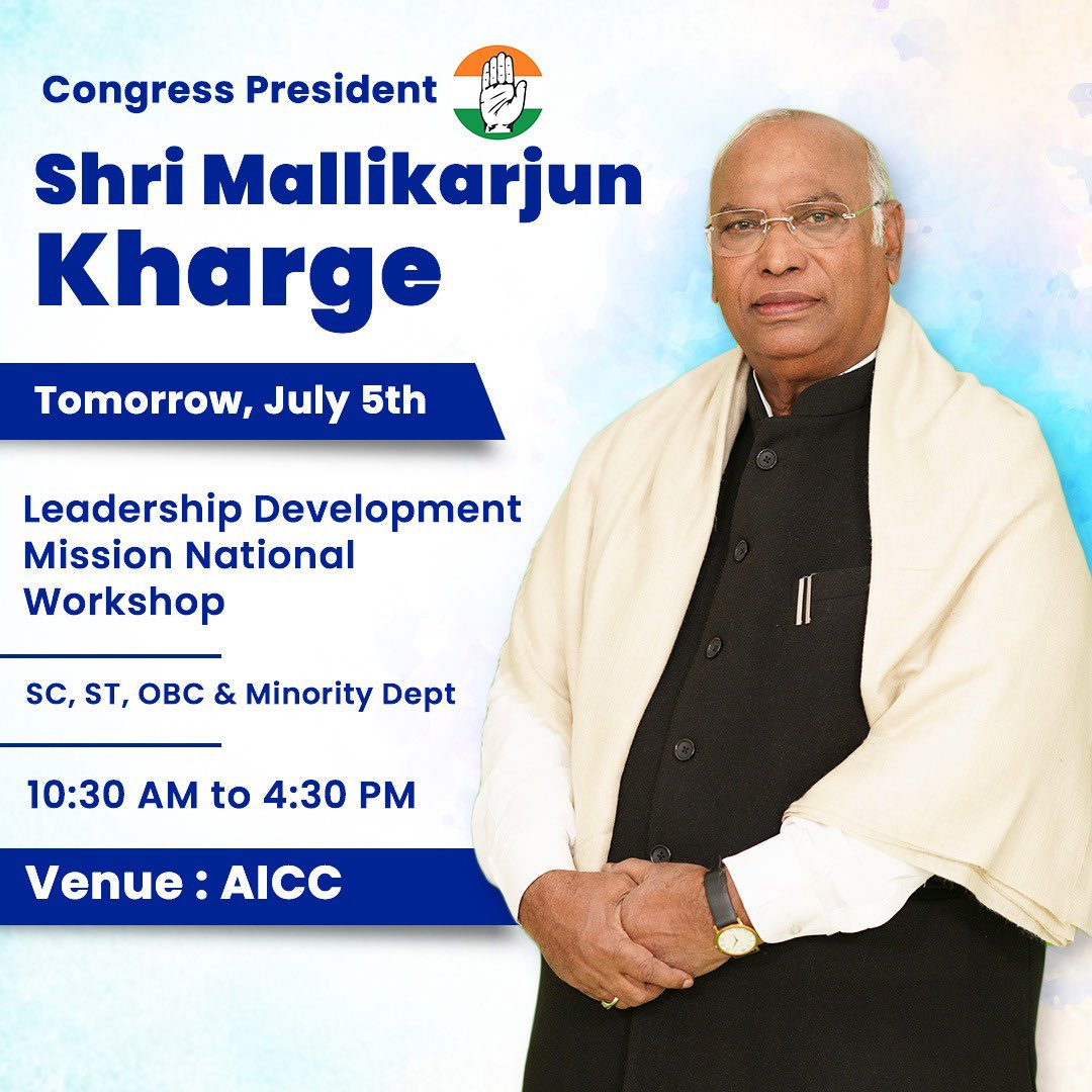 INCMinority's tweet photo. Congress President Shri @kharge will inaugurate the Leadership Development Mission National Workshop tomorrow at AICC, followed by an inaugural speech. https://t.co/vVxDNF6HNM