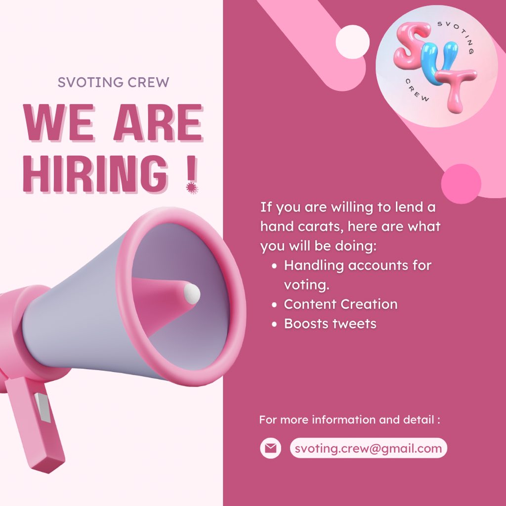 SVoTingCrew's tweet photo. [📢] SVOTING CREW HIRING !

We’re hiring new admins &amp; carats who are willing to volunteer and help us. Feel free to join us !

Just DM us and we’ll get back to you as soon as we can. Thank you ! 💖💙 https://t.co/3zGFDQASh0