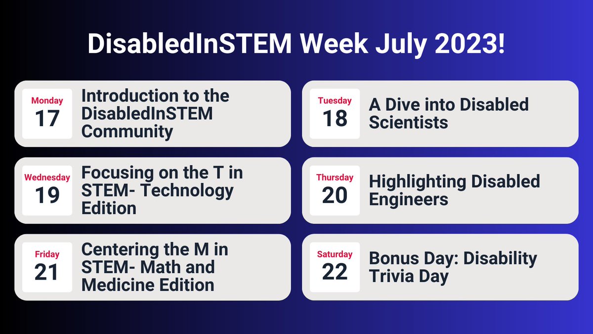 Happy to announce the inaugural #DisabledInSTEM week, which I planned to be part of #DisabilityPrideMonth! #DisabledInSTEMWeek