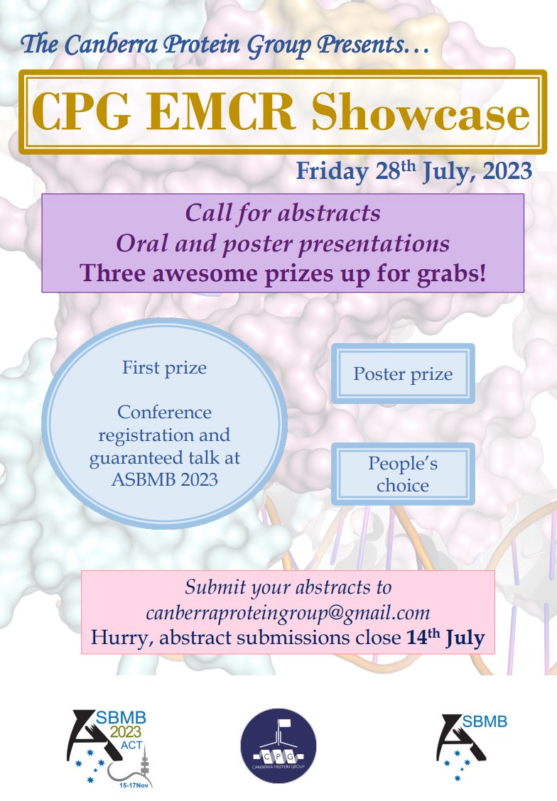 Canberra Protein Group (@canberrapg) on Twitter photo ✨Call for abstracts✨
The CPG is hosting a EMCR Showcase to enable students and postdocs (<5 years post PhD) to present their protein research in a fun atmosphere, and potentially win a talk and registration to <a href="/ASBMB2023/">ASBMB Conference 2023</a> held in Canberra!
So why wait? Submit your abstracts now! ✨Call for abstracts✨
The CPG is hosting a EMCR Showcase to enable students and postdocs (<5 years post PhD) to present their protein research in a fun atmosphere, and potentially win a talk and registration to <a href="/ASBMB2023/">ASBMB Conference 2023</a> held in Canberra!
So why wait? Submit your abstracts now!
