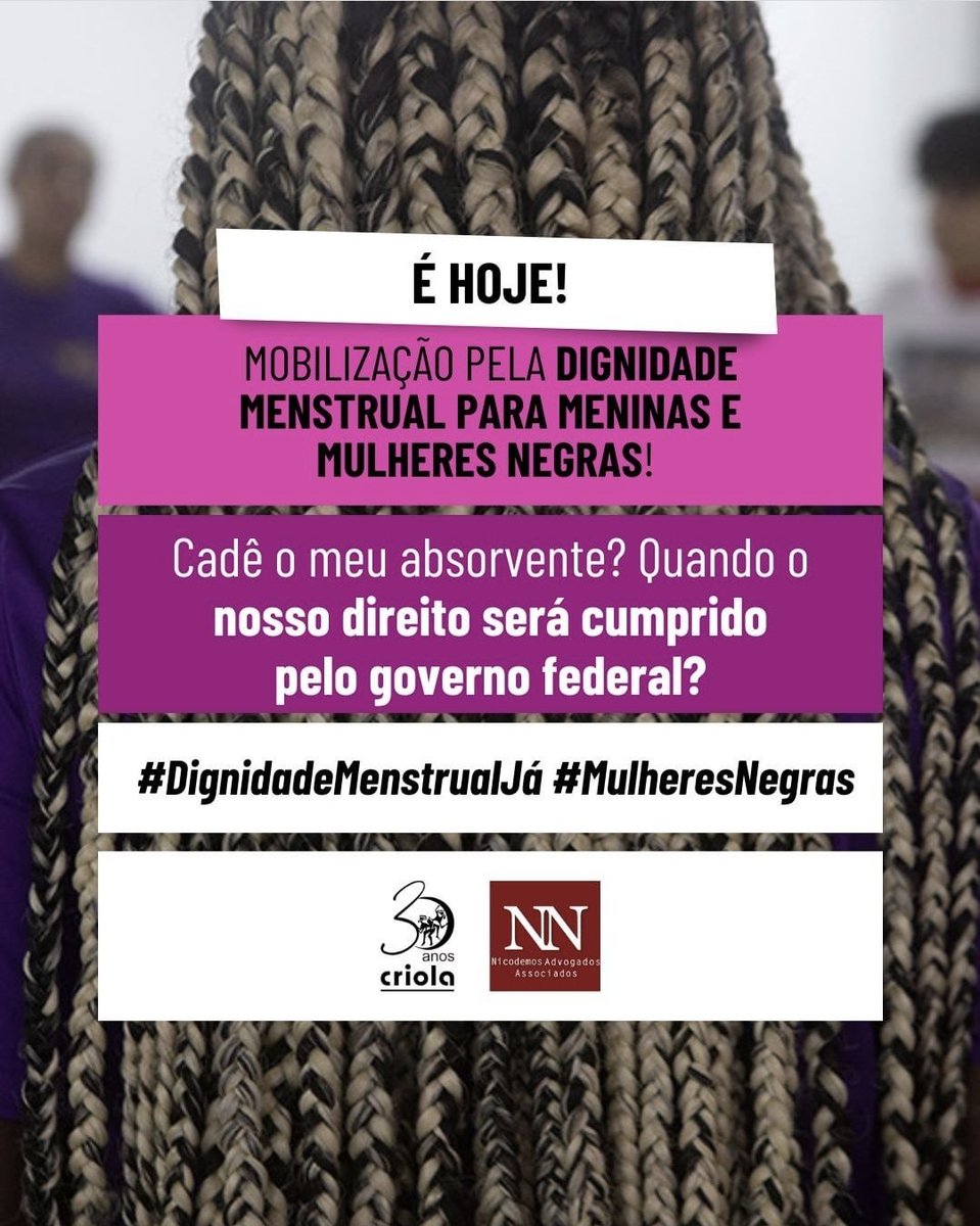 #hnapoia 📢 Exigimos dignidade menstrual já! 
Cobramos o início do Programa de Proteção e Promoção da Saúde Menstrual @coletivoagbara @piracemacoletivo @aelasexistem <a href="/girlupbrasil/">Girl Up Brasil</a> <a href="/planbrasil/">Plan</a> <a href="/oprojetolilas/">@oprojetolilas</a> 

#Criola30anos #DignidademenstrualJá #mulheresnegras #CriolaemRede
