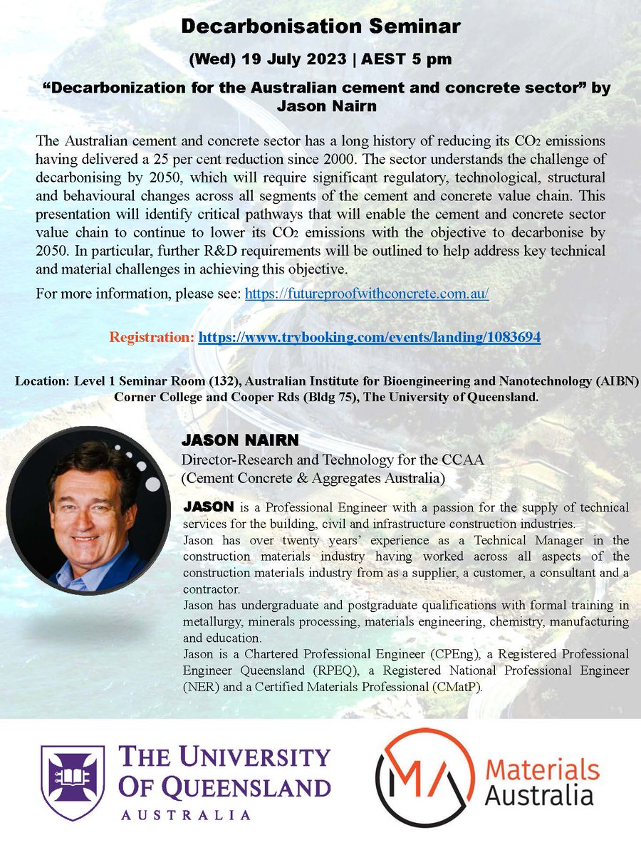 Our Queensland Branch has a seminar coming up in 2 weeks at the University of Queensland. We hope to see you there! For more information and to register  trybooking.com/CJRCO #materialsengineering #materialsscience #concrete #decarbonsation <a href="/UQ_News/">UQ News</a>