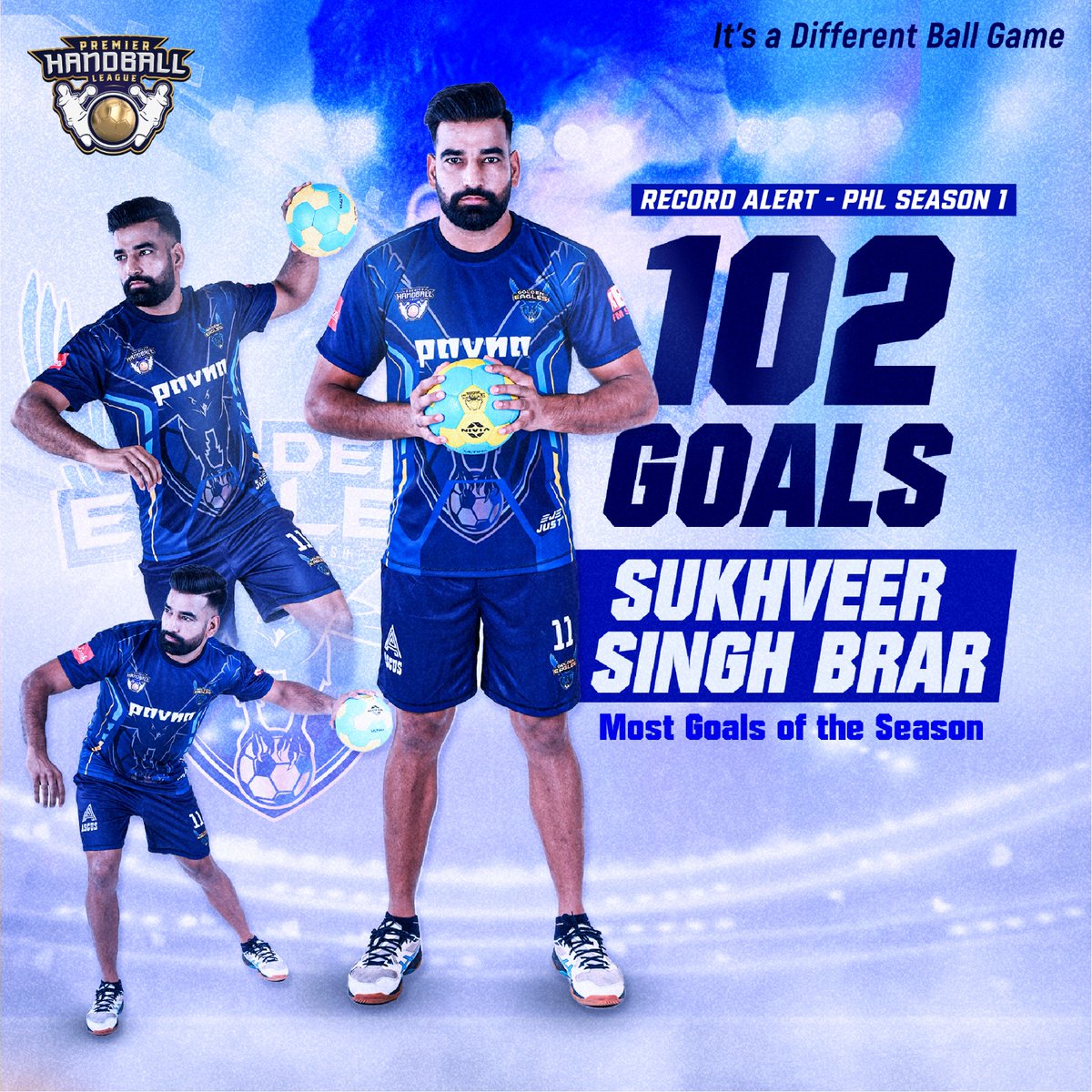 PHLIndia's tweet photo. CENTURY GOALS!!
With 102 Goals #goldeneagleup team's star player #sukhveersinghbrar scored Maximum Goals - A whopping 102 Goals in Season - 1 of #Permierhandball League.
#handball #handballindia #indianhandball #handballleague #sports #india #Uttarpradesh #league https://t.co/BNIhuSlZyi