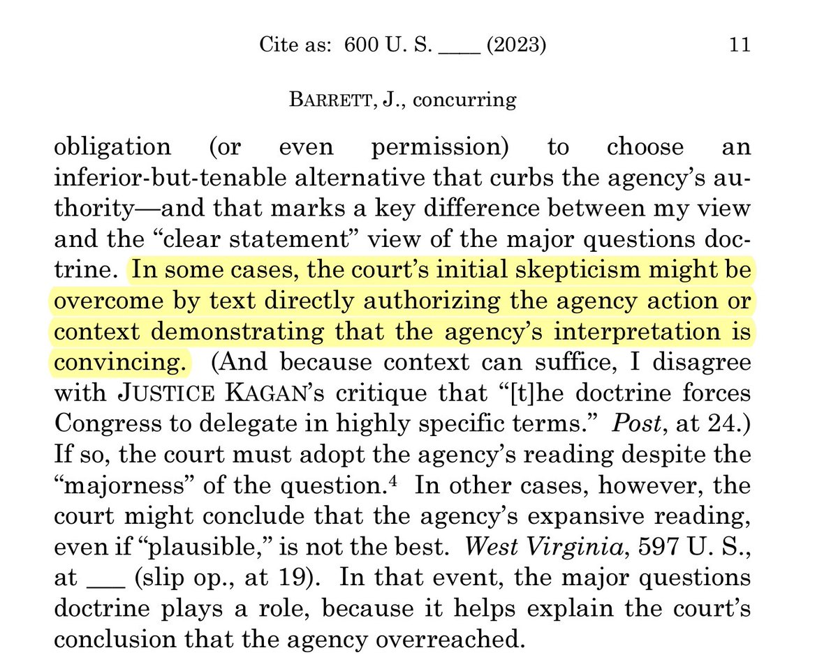 Justice Barrett's Biden v Nebraska concurrence says the Court's "initial skepticism" to agency action over major questions "might be overcome" in "some cases" by text or context showing congressional authorization.  

Can any cases be cited as examples to support this sentence?