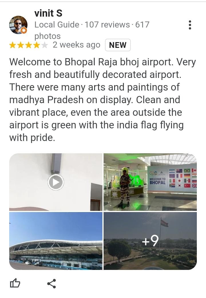aaibplairport's tweet photo. राजाभोज विमानतल, भोपाल से आवागमन करते हुए यात्रियों द्वारा Google reviews के जरिए अपने अनुभव साझा किए गए। राजाभोज विमानतल आप सभी यात्रियों के प्रति आभारी है,इससे  भोपाल विमानतल की टीम को बेहतर कार्य करने का  प्रोत्साहन मिलता है एवं मनोबल बढ़ता है ।
@AAI_Official 
@aairedwr https://t.co/8bD9JO86x2