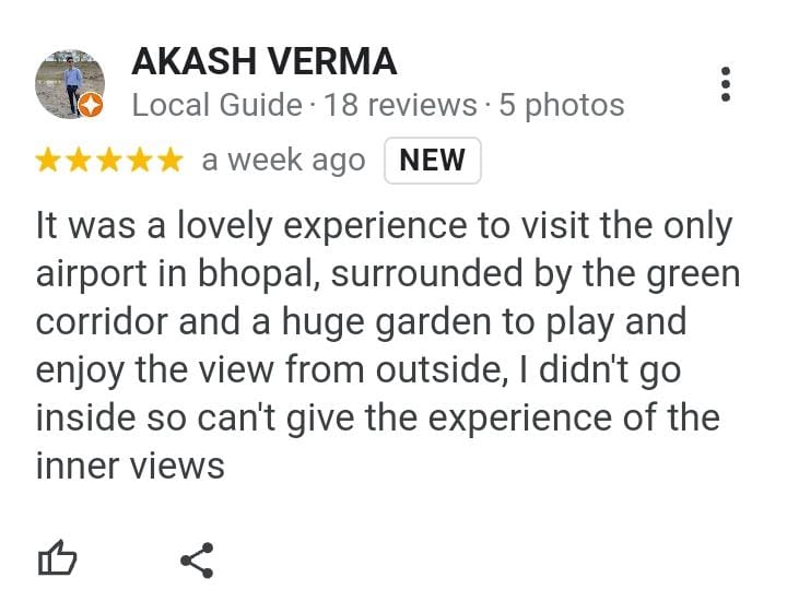 aaibplairport's tweet photo. राजाभोज विमानतल, भोपाल से आवागमन करते हुए यात्रियों द्वारा Google reviews के जरिए अपने अनुभव साझा किए गए। राजाभोज विमानतल आप सभी यात्रियों के प्रति आभारी है,इससे  भोपाल विमानतल की टीम को बेहतर कार्य करने का  प्रोत्साहन मिलता है एवं मनोबल बढ़ता है ।
@AAI_Official 
@aairedwr https://t.co/8bD9JO86x2