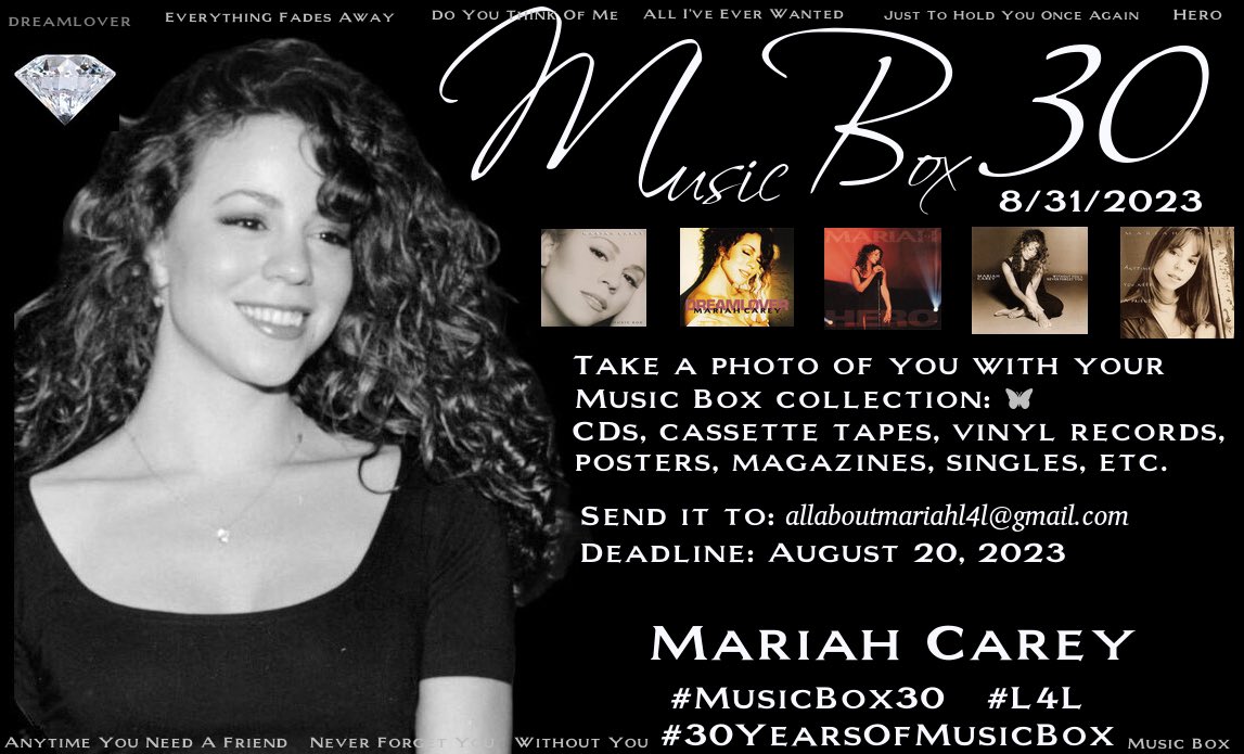 AllAboutMariah's tweet photo. Celebrate Music Box’s 30th Anniversary! 

Take a photo of you with your Music Box collection: CDs, cassette tapes, vinyl records, posters, magazines, etc.

Send it to: allaboutmariahl4l@gmail.com
or DM/PM us.
Send it on or before August 20!

#MusicBox30 💎
#30YearsOfMusicBox 💎 https://t.co/Qko3f1RM0q