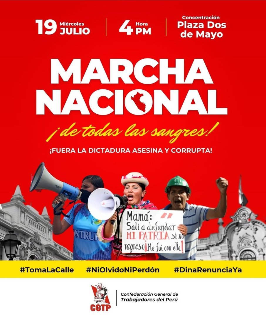 EpicentroNews's tweet photo. 🔥🔥🔥 La Central General de Trabajadores del Perú - CGTP convoca a todas sus bases para lo que será la marcha nacional contra la asesina que hoy ocupa Palacio de Gobierno.
Invocamos a los organismos de derechos humanos y a la comunidad internacional a vigilar la respuesta de un gobierno que ya mató a 70 peruanos entre ellos menores de edad y amenazó en declaraciones de la usurpadora "cuántos muertos más quieren".

💪💪💪 Hasta que la dictadura caiga y la asesina y su carnicero sean apresados.