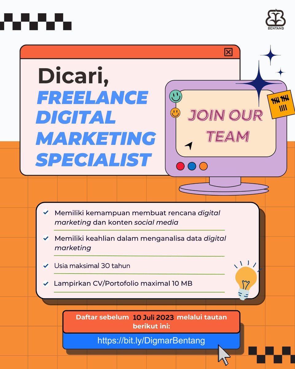 bentangpustaka's tweet photo. ✨BENTANG IS HIRING✨

Eits … ada kesempatan apa nih di Bentang? Digital marketing, marketing, dan editor akuisisi? 

Cocok untuk kamu? Yuk langsung kirimkan CV terbaikmu! Hanya sampai 10 Juli ini saja, ya. 😊

#BentangPustaka #BentangBelia #Loker https://t.co/6AD5yurar5