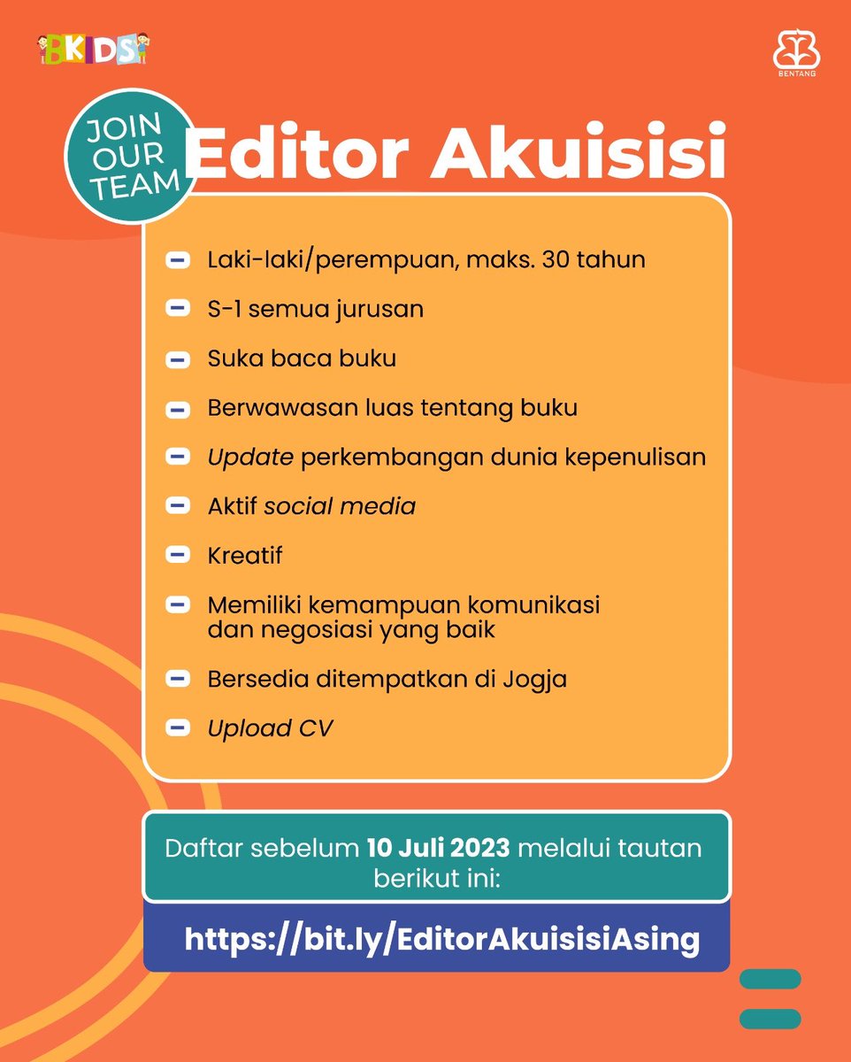 bentangpustaka's tweet photo. ✨BENTANG IS HIRING✨

Eits … ada kesempatan apa nih di Bentang? Digital marketing, marketing, dan editor akuisisi? 

Cocok untuk kamu? Yuk langsung kirimkan CV terbaikmu! Hanya sampai 10 Juli ini saja, ya. 😊

#BentangPustaka #BentangBelia #Loker https://t.co/6AD5yurar5