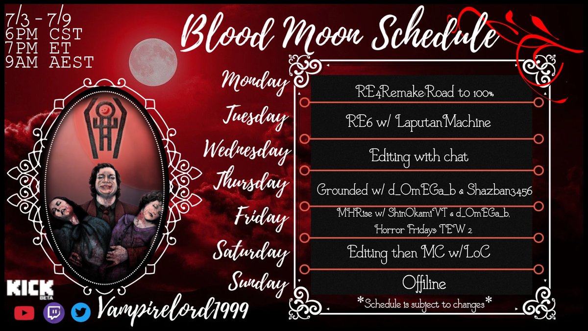 MarcelineSMoon's tweet photo. This weeks Blood Moons 7/3 - 7/9 ^,...,^
🎨Art tag: #.vampysartifice
🔞#.vampysfantasy
❤️YT: https://t.co/MtYfM4c2zv
💚Kick: https://t.co/pc89IIFO5g
#Vtuber #Vampire #KickStreaming #YouTube #ENVtuber #schedule #LabOfCreation #Live2D #VtuberUprising #VtubersEN #Vtubers https://t.co/1EeUu9w1ZA