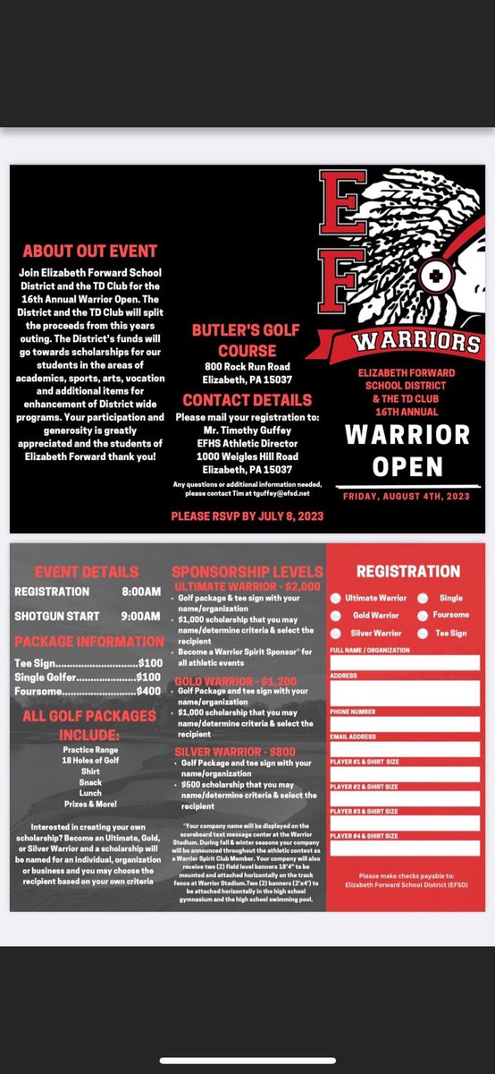 Get your foursomes in for the Warrior Golf Outing happening Friday, August 4th. Spots are filling up fast! <a href="/keithkonyk/">Keith Konyk</a> <a href="/warrior_ef/">EF Warrior Athletics</a>