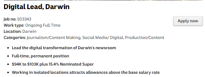 bigkamo's tweet photo. Any journos looking for work? There a digital-lead position with @abcnews in Darwin. #JournoJobs https://t.co/SB9jd1XLZI https://t.co/0K5zeID4iK
