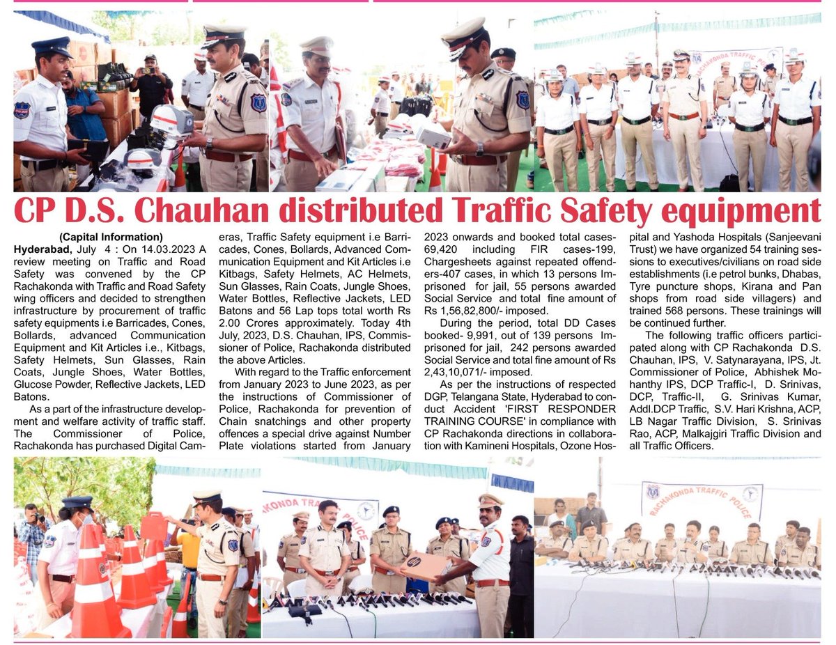 MalkajgiriCop's tweet photo. As part of #infrastructure development & welfare activity of traffic staff, a review meeting on #Traffic & #RoadSafety was convened by the #CP_RCK Sri. DS Chauhan IPS., with respective wing officers, purchased & distributed equipment to staff for strengthening infrastructure. https://t.co/6va89jR4Oc