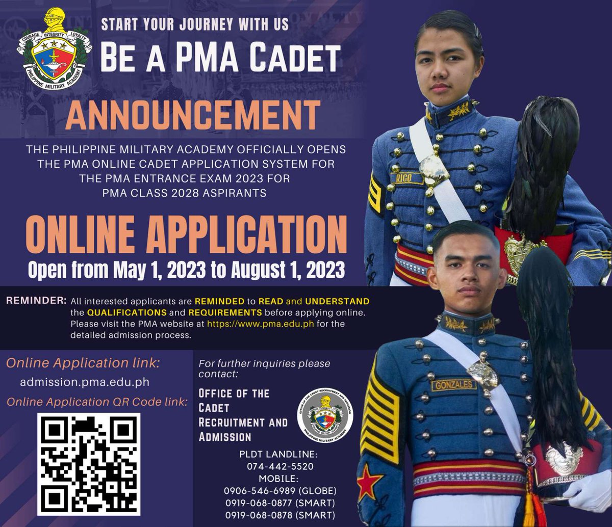 TeamAFP's tweet photo. LOOK: The 2023 Philippine Military Academy Cadet Online Application is still open until August 1, 2023. Check out the online application process and requirements at https://t.co/ayPu6yowr8
#AFPyoucanTRUST
#BeaPMAcadet
#StartyourPMAjourney https://t.co/uVbyog6BtK