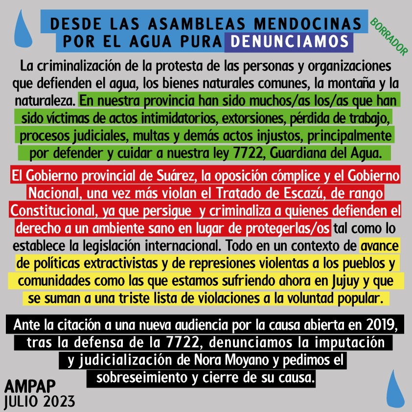 Asambleasrafael's tweet photo. Comunicado de #AMPAP y la #AsambleaxelAguaSanRafael invita a apoyar el sobreseimiento de la causa a una compañera defensora del #agua!
#NoALaCriminalizacionDeLaProtesta #La7722NoSeToca #MendozaLibreDeFracking #AreaNaturalProtegidaUspallataPolvaredas
#FueraMekorot
#JUJUYRESISTE https://t.co/3k5lHFdOk8