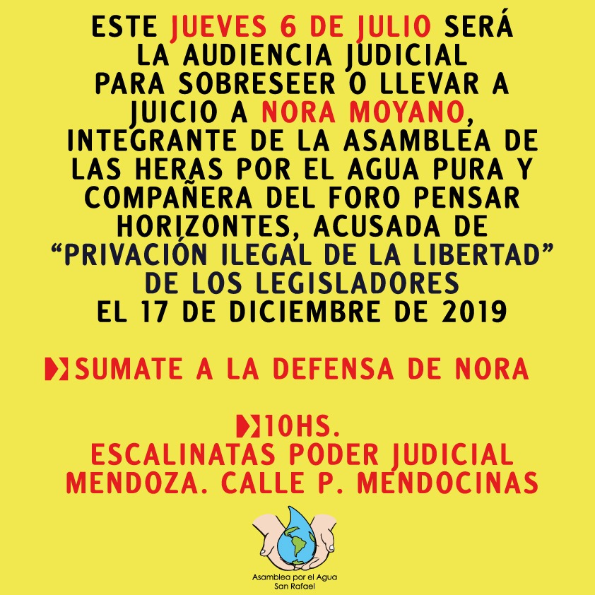 Asambleasrafael's tweet photo. Comunicado de #AMPAP y la #AsambleaxelAguaSanRafael invita a apoyar el sobreseimiento de la causa a una compañera defensora del #agua!
#NoALaCriminalizacionDeLaProtesta #La7722NoSeToca #MendozaLibreDeFracking #AreaNaturalProtegidaUspallataPolvaredas
#FueraMekorot
#JUJUYRESISTE https://t.co/3k5lHFdOk8
