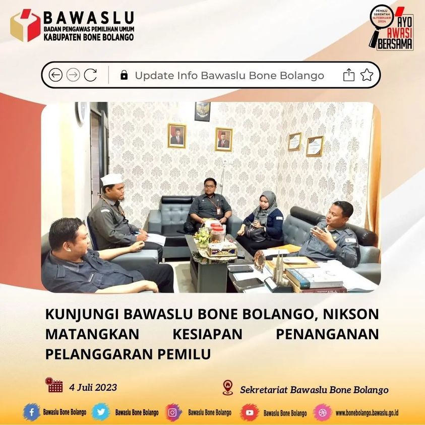 BwsBoneBolango's tweet photo. Bawaslu Kabupaten Bone Bolango menerima kunjungan Kepala Sekretariat Bawaslu Provinsi Gorontalo Nikson Entengo. Kunjungan diterima langsung oleh Kepala Sekretariat Bawaslu Kabupaten Bone Bolango Arkan Karim pada Selasa 4 Juli Tahun 2023. https://t.co/SJXjjAkeZh