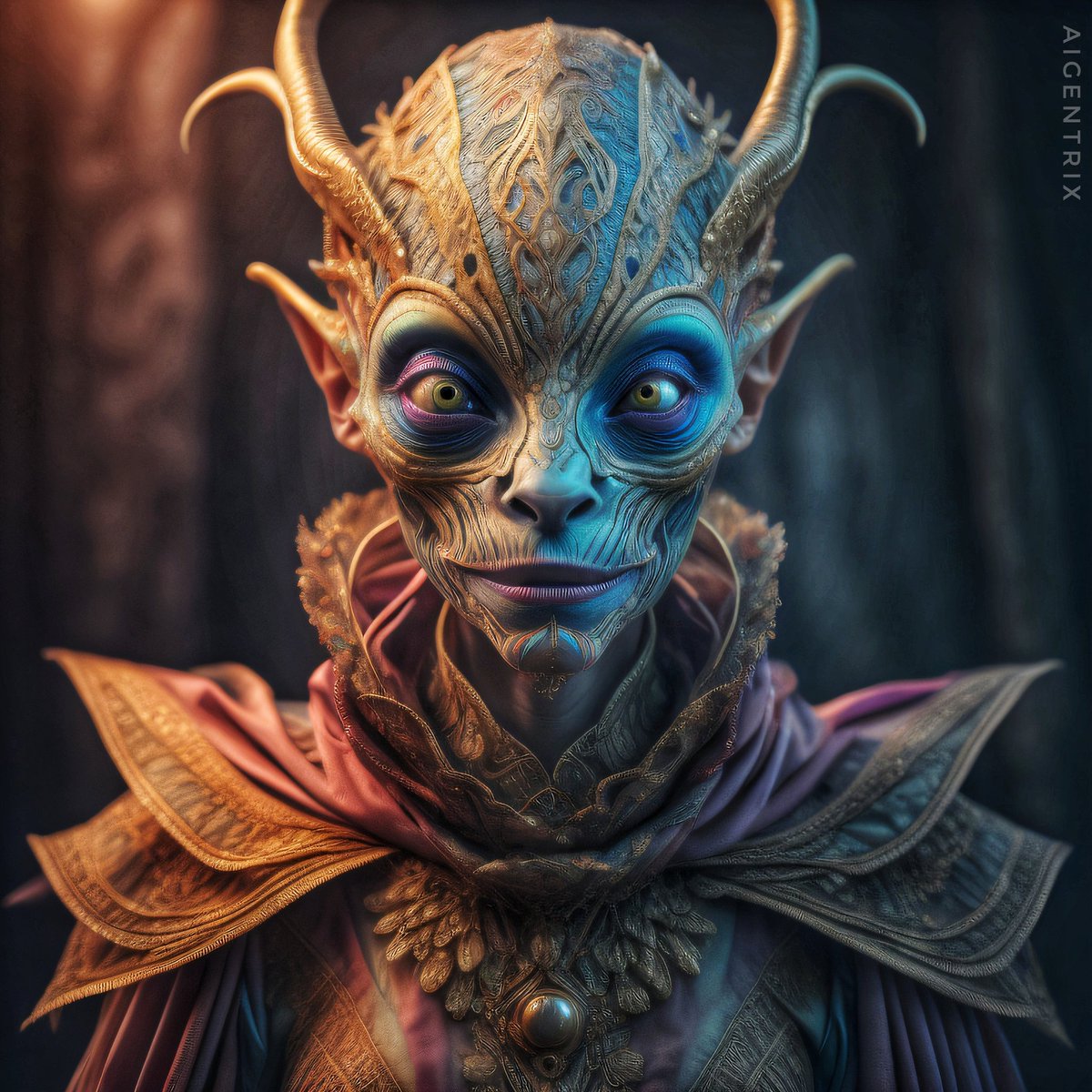 aigentrix's tweet photo. 👑👽 Behold the regal Alien King, a majestic fusion of otherworldly splendor and human-like grace! With captivating horns, round eyes, and elf ears, adorned in stylish attire, he redefines extraterrestrial elegance. #AlienKing  #AIphoto #AIart #AIArtistCommunity #AIArtGallery https://t.co/7cEpSZTVGT
