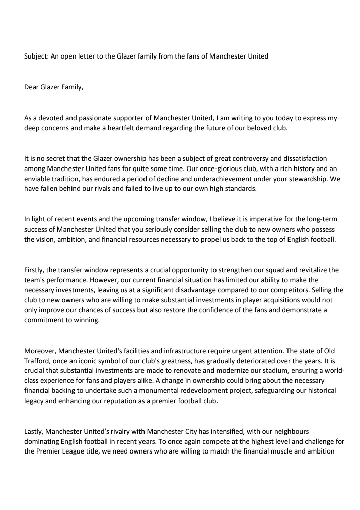 manufcnow's tweet photo. Since the Raine Group are blocking emails....

📮|An open letter to the Glazers from the #MUFC fans. 

🚫Please like & retweet 

🗣Let's spread this far & wide! 

❤️We love this club  & the rot has gone on long enough. It's time! 

#GlazersFullSaleNOW #QatarIn #GlazersOutNOW #MUFC_FAMILY
#GlazersAreVermin 
#NoToElliottInvestment 
#BoycottMUFCKit 
#BoycottAdidas #NoToIneos
#NoToRatcliffe #FullSaleOnly
#WeWantOurClubBack #QatarIn 
#SheikhJassimInAtManUtd