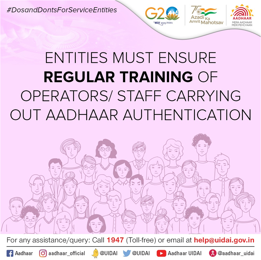 UIDAI's tweet image. #DosandDontsForRE
Entities are advised to ensure regular training of operators/staff carrying out #Aadhaarauthentication on the best practices and safeguards involved in doing so.