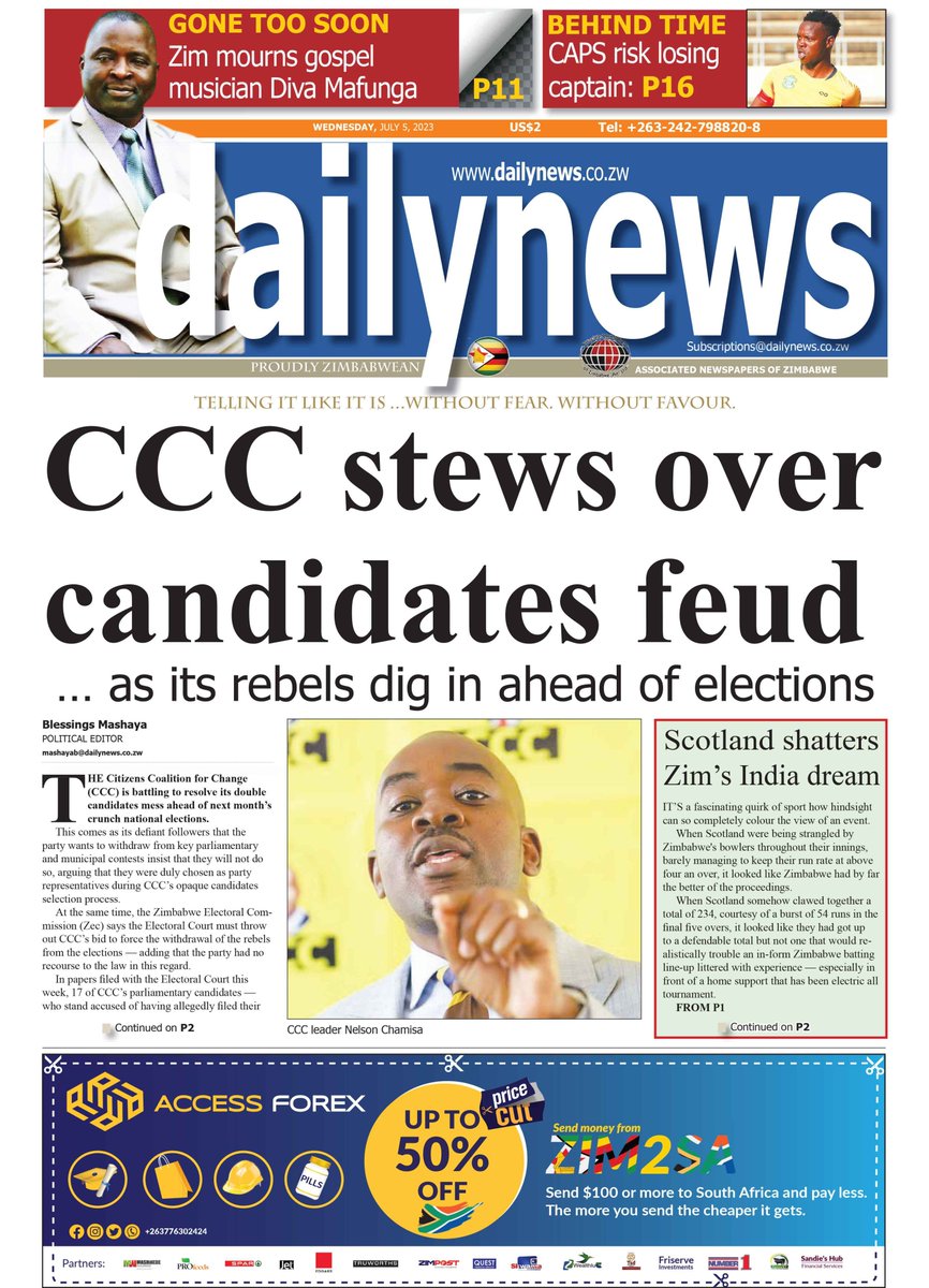 DailyNewsZim1's tweet photo. TODAY'S FRONT PAGE:  July 5 2023 #dailynewszim #news #zimbabwe #zimnews #Wednesday https://t.co/3eF5D4IY5F